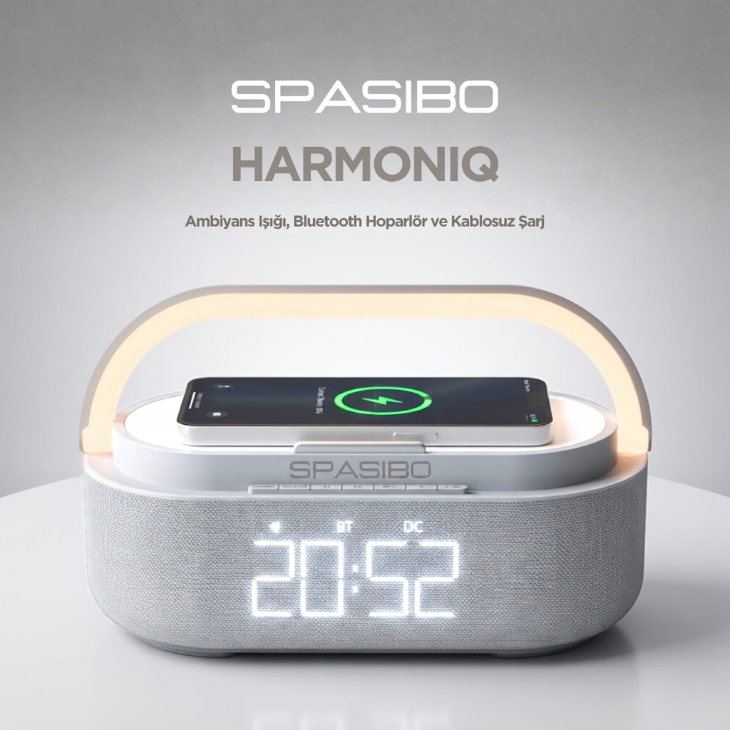Spasibo Harmoniq Çok Fonksiyonlu Multimedya Istasyonu: Kablosuz Şarj, Bluetooth Hoparlör ve Ambiyans Aydınlatma