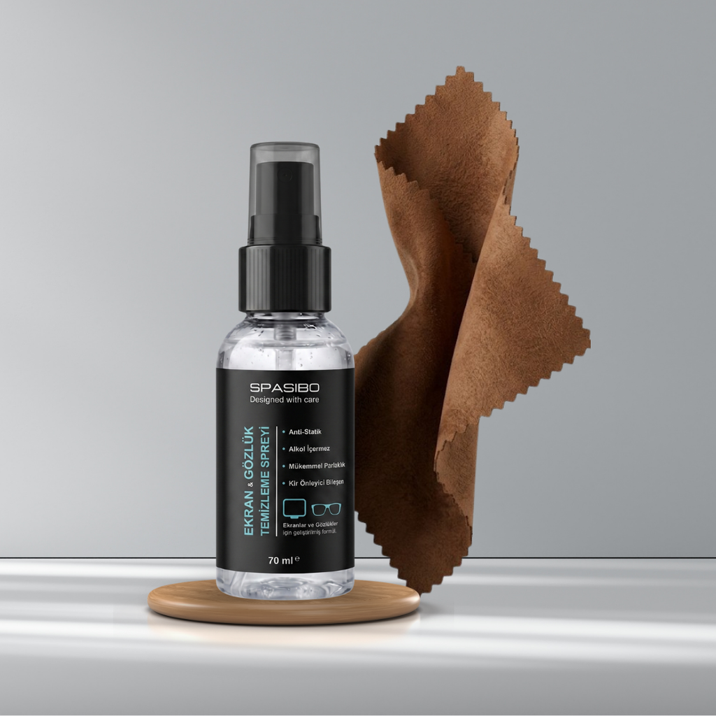 Spasibo 70 ml Gözlük Temizleme Solüsyonu + Premium Güderi Bez Seti | Anti-Statik, Hızlı Kuruyan | Optik Cam, Güneş Gözlüğü, Kask Vizör