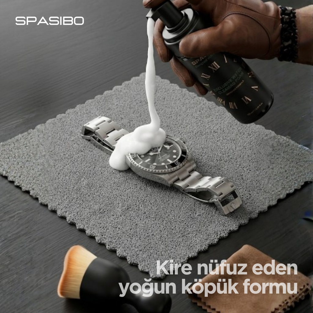 Spasibo Exclusive Saat Temizleme ve Bakım Seti 4'lü | Aktif Temizleme Köpüğü, Çizmez Fırça, Güderi Parlatma Bezi ve Mikrofiber Kurulama Bezi
