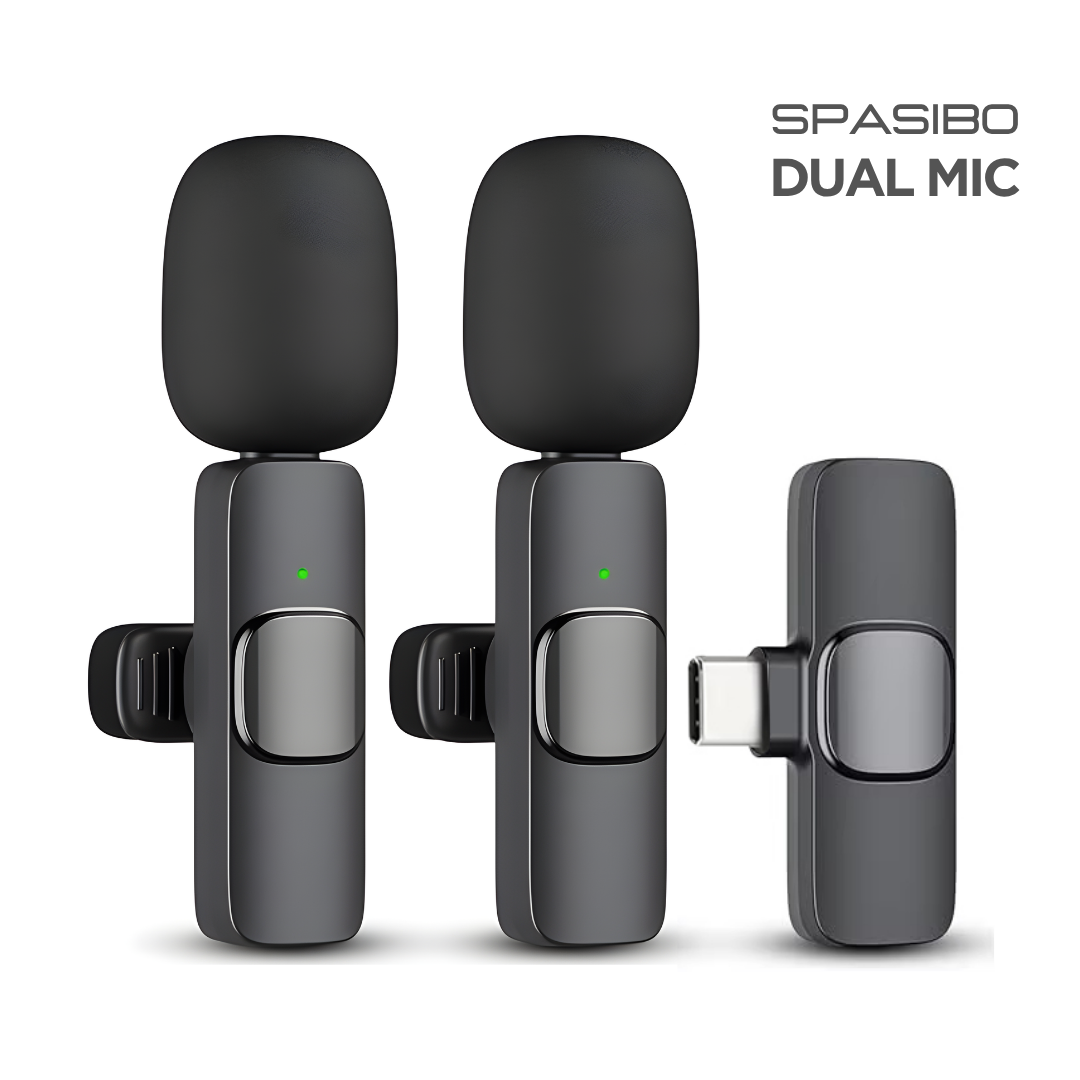 Spasibo Dual Mic 2'li Kablosuz Yaka Mikrofonu Seti TYPE-C | 360° Ses Alımı & Gürültü Engelleyici | 20M Çekim