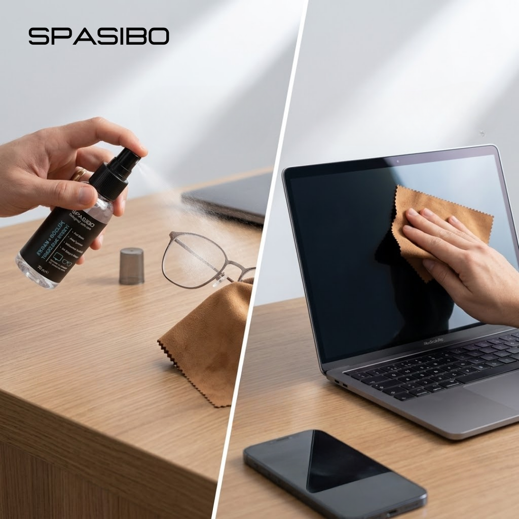 Spasibo 70 ml Gözlük Temizleme Solüsyonu + Premium Güderi Bez Seti | Anti-Statik, Hızlı Kuruyan | Optik Cam, Güneş Gözlüğü, Kask Vizör