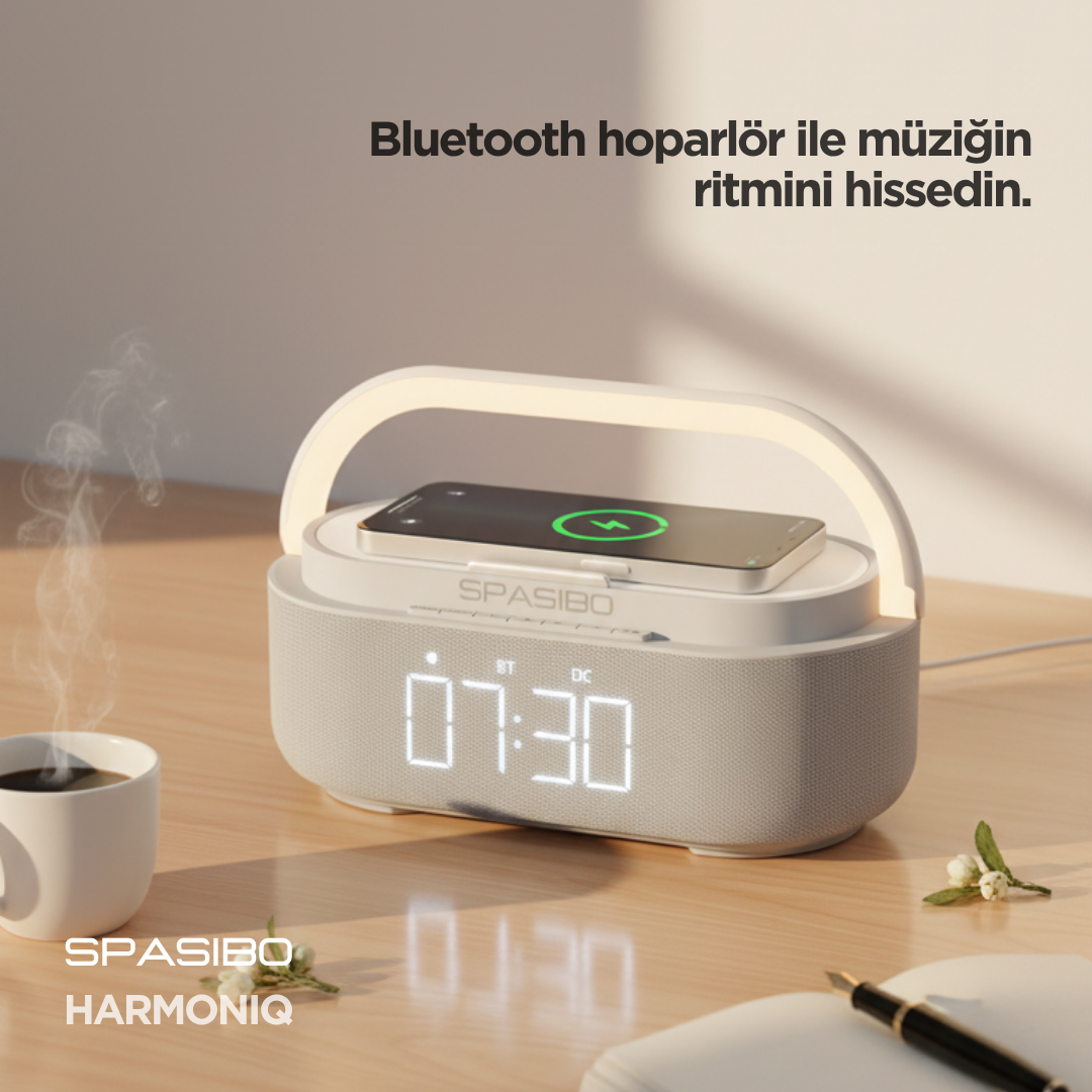 Spasibo Harmoniq Çok Fonksiyonlu Multimedya Istasyonu: Kablosuz Şarj, Bluetooth Hoparlör ve Ambiyans Aydınlatma