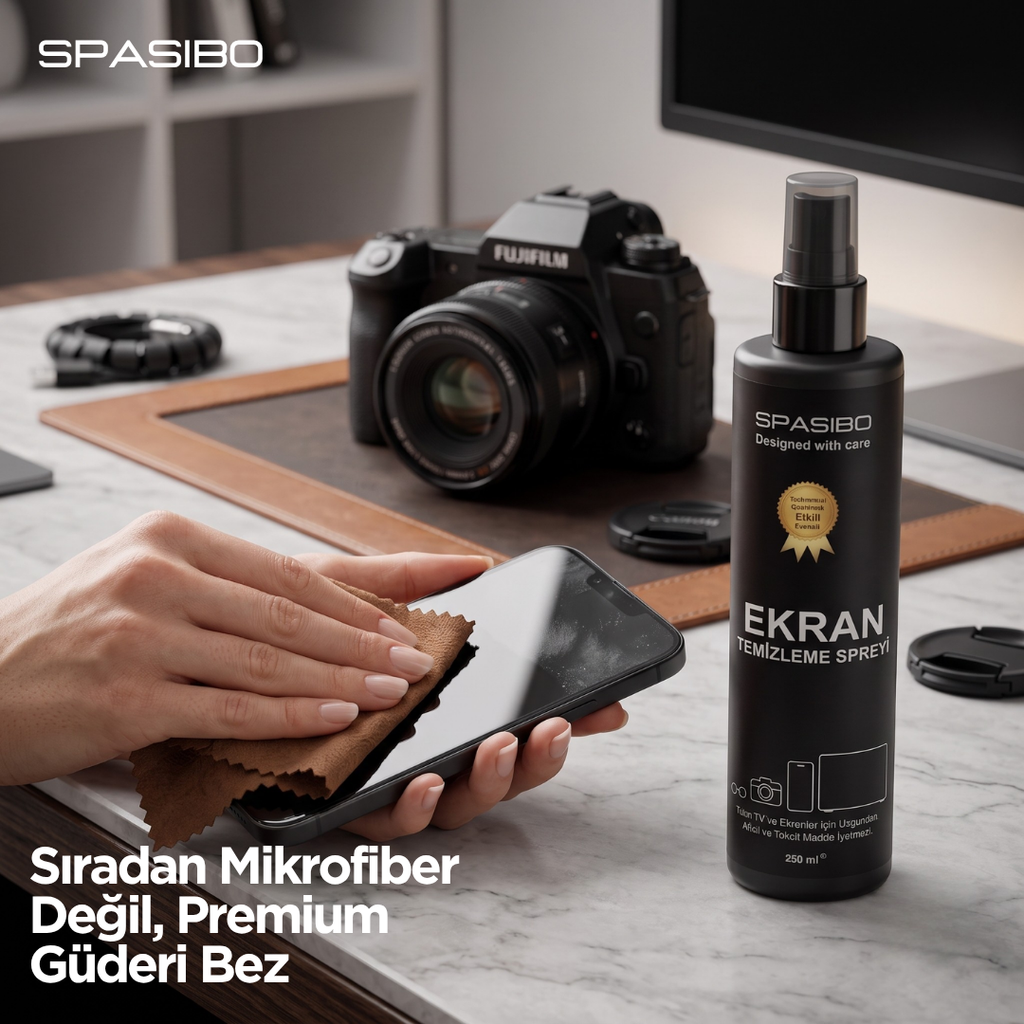 Spasibo 250 ML Profesyonel Ekran, Gözlük ve Kamera Lensi Temizleme Seti - OLED TV Spreyi + Özel Güderi Bez