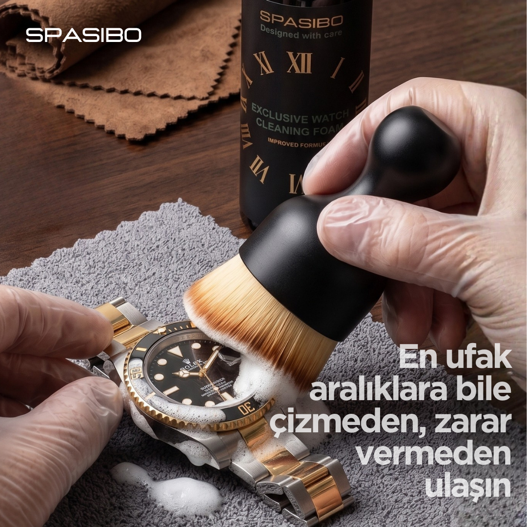 Spasibo Exclusive Saat Temizleme ve Bakım Seti 4'lü | Aktif Temizleme Köpüğü, Çizmez Fırça, Güderi Parlatma Bezi ve Mikrofiber Kurulama Bezi