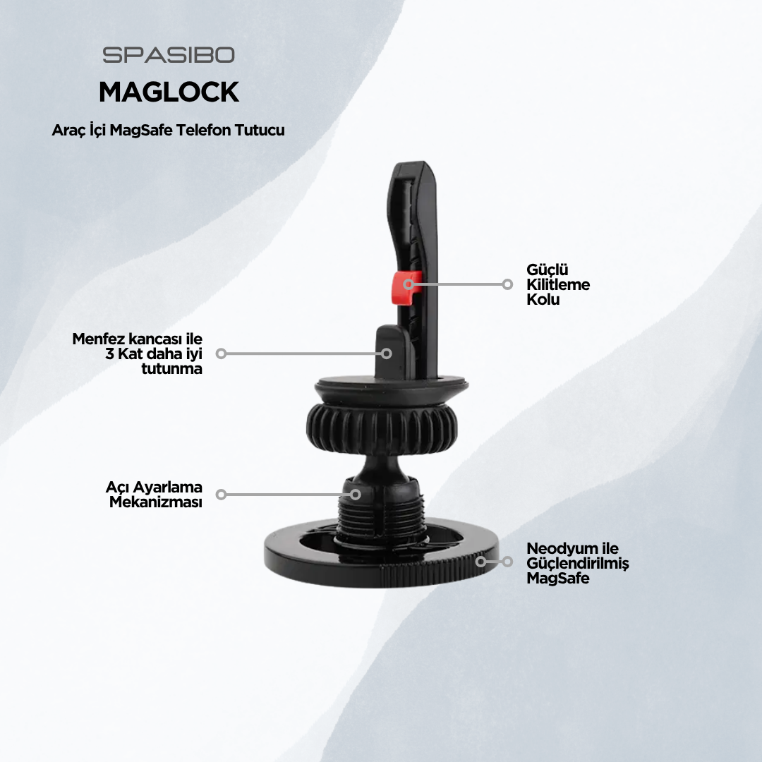 Spasibo Maglock Sarsıntı Önleyici Magsafe Araç Tutucu - 3 Kat Güçlü Menfez Tutuşu ve 360° Ayar