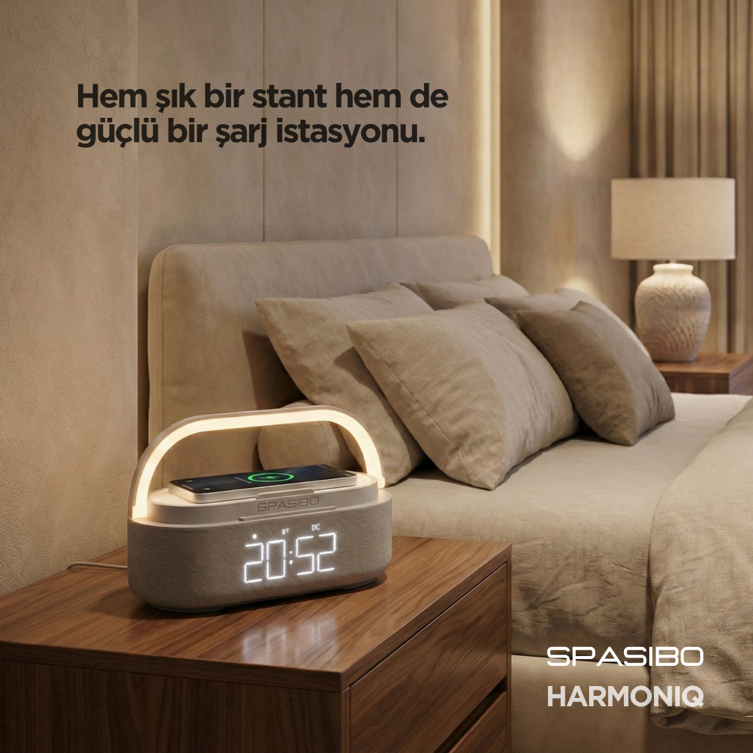 Spasibo Harmoniq Çok Fonksiyonlu Multimedya Istasyonu: Kablosuz Şarj, Bluetooth Hoparlör ve Ambiyans Aydınlatma