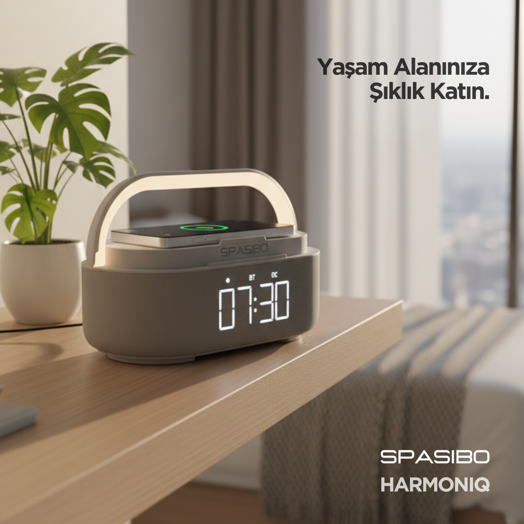 Spasibo Harmoniq Çok Fonksiyonlu Multimedya Istasyonu: Kablosuz Şarj, Bluetooth Hoparlör ve Ambiyans Aydınlatma