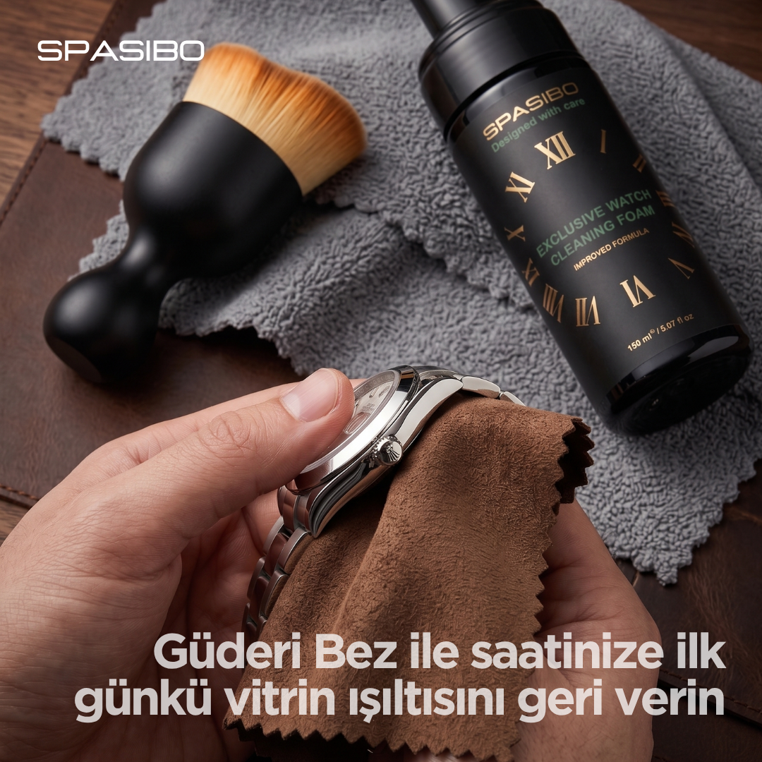 Spasibo Exclusive Saat Temizleme ve Bakım Seti 4'lü | Aktif Temizleme Köpüğü, Çizmez Fırça, Güderi Parlatma Bezi ve Mikrofiber Kurulama Bezi