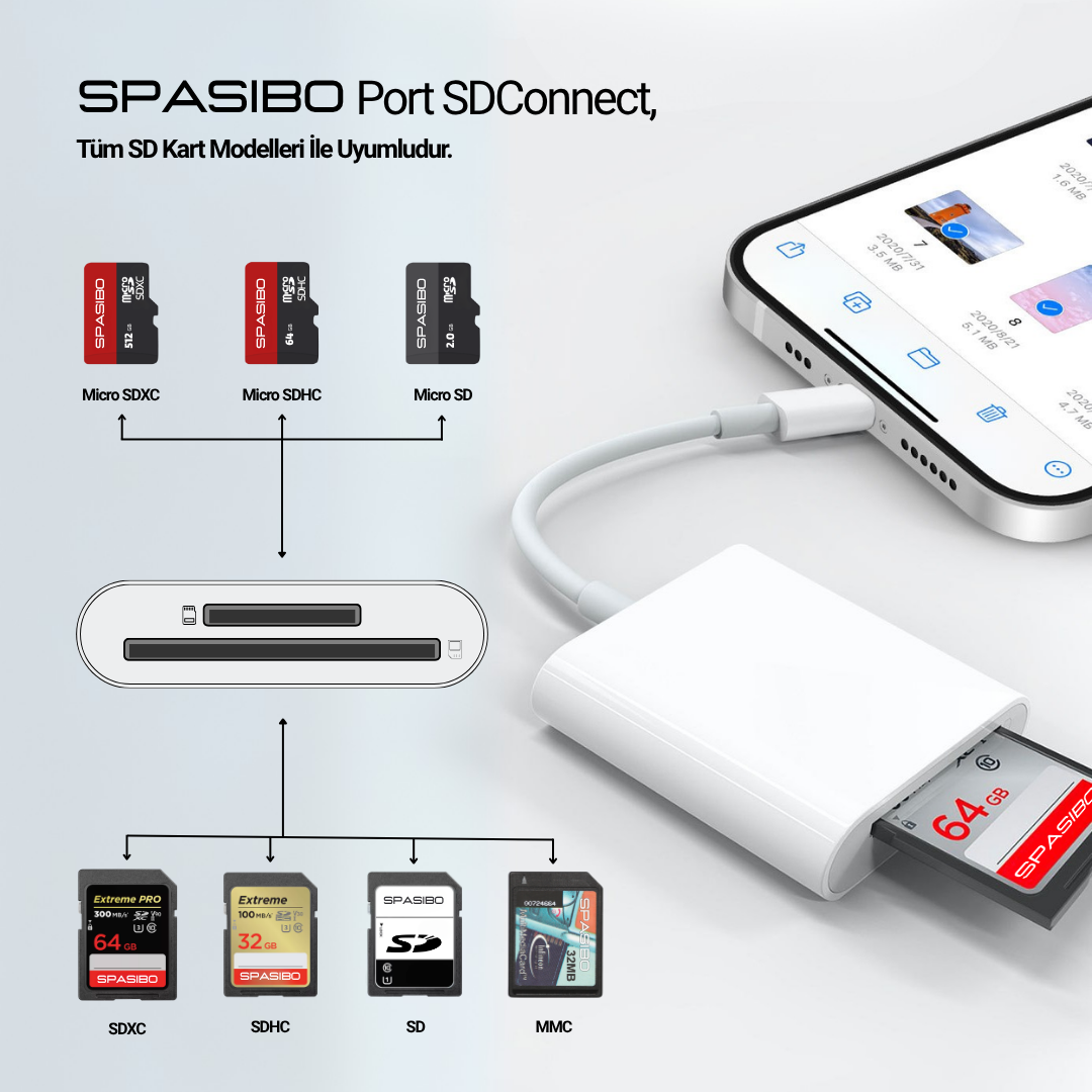 Spasibo Port Sdconnect | Lightning - Sd Kart ve Micro Sd Kart Okuyucu ile iPhone & Ipad’e Hızlı Fotoğraf ve Video Aktarımı
