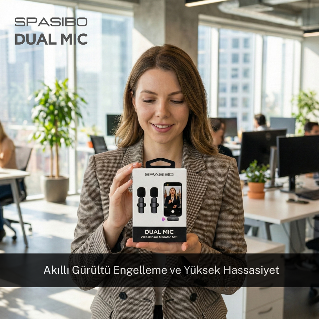 Spasibo Dual Mic 2'li Kablosuz Yaka Mikrofonu Seti TYPE-C | 360° Ses Alımı & Gürültü Engelleyici | 20M Çekim