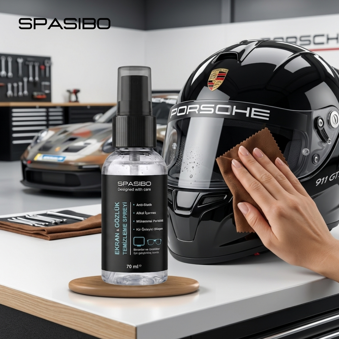 Spasibo 70 ml Gözlük Temizleme Solüsyonu + Premium Güderi Bez Seti | Anti-Statik, Hızlı Kuruyan | Optik Cam, Güneş Gözlüğü, Kask Vizör