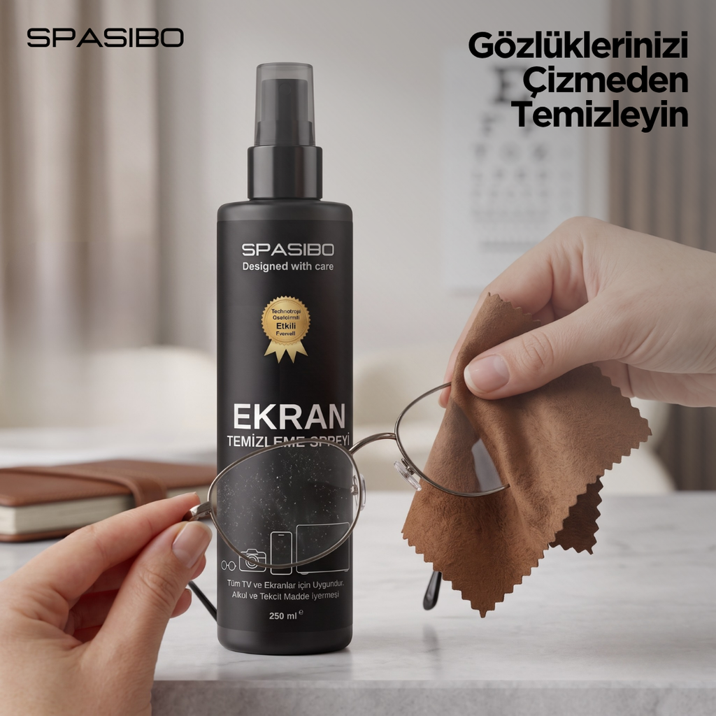 Spasibo 250 ML Profesyonel Ekran, Gözlük ve Kamera Lensi Temizleme Seti - OLED TV Spreyi + Özel Güderi Bez