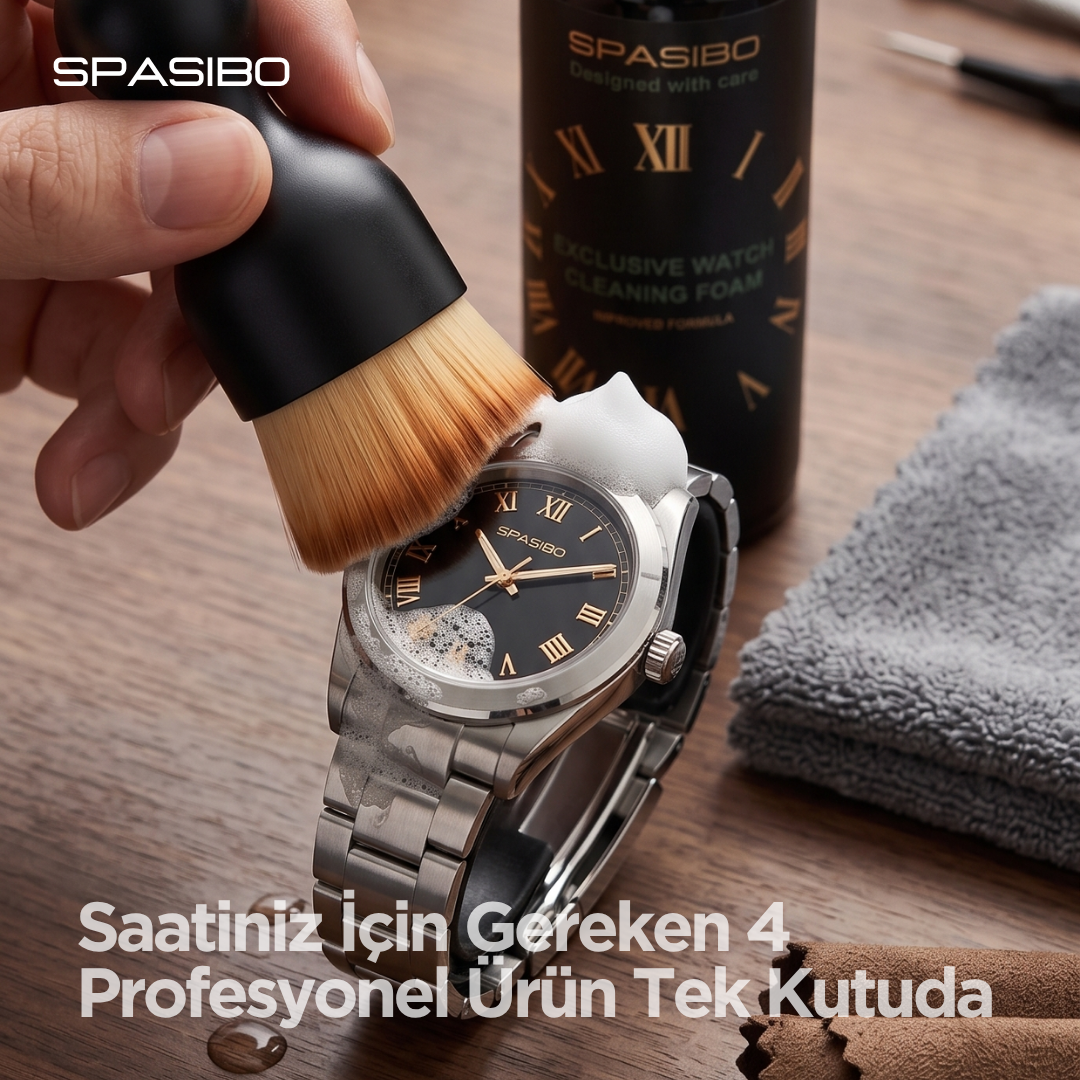 Spasibo Exclusive Saat Temizleme ve Bakım Seti 4'lü | Aktif Temizleme Köpüğü, Çizmez Fırça, Güderi Parlatma Bezi ve Mikrofiber Kurulama Bezi