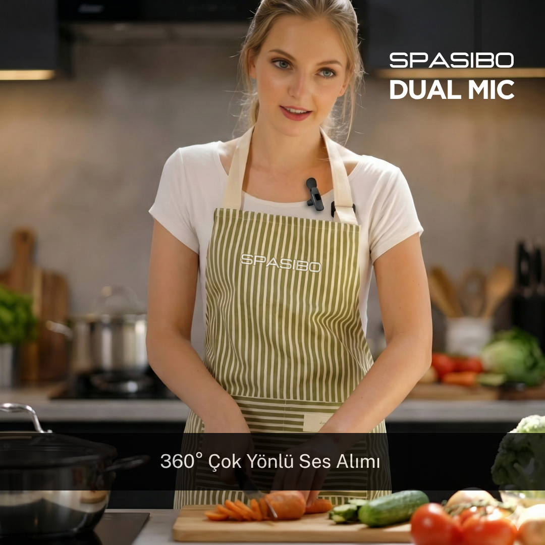 Spasibo Dual Mic 2'li Kablosuz Yaka Mikrofonu Seti TYPE-C | 360° Ses Alımı & Gürültü Engelleyici | 20M Çekim