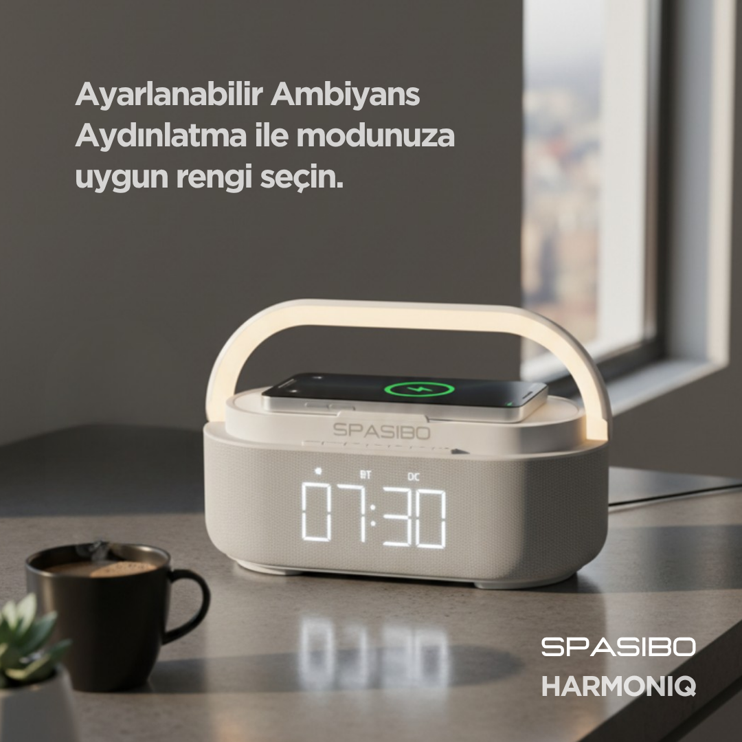 Spasibo Harmoniq Çok Fonksiyonlu Multimedya Istasyonu: Kablosuz Şarj, Bluetooth Hoparlör ve Ambiyans Aydınlatma