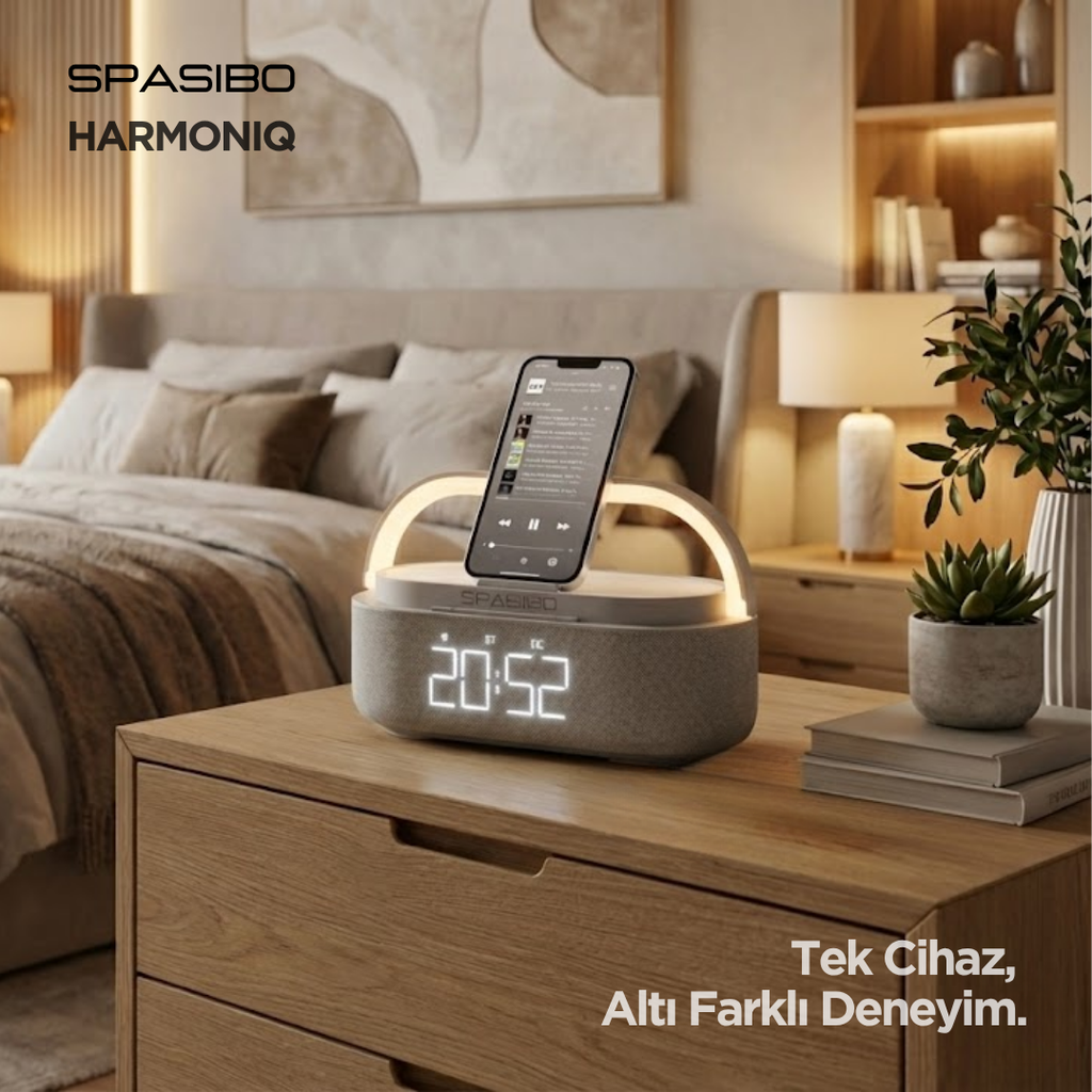 Spasibo Harmoniq Çok Fonksiyonlu Multimedya Istasyonu: Kablosuz Şarj, Bluetooth Hoparlör ve Ambiyans Aydınlatma