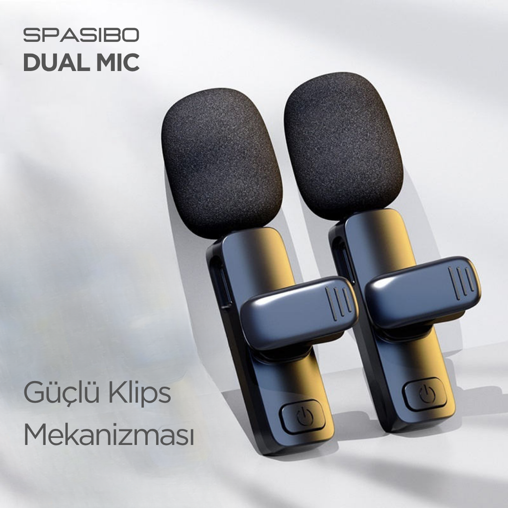 Spasibo Dual Mic 2'li Kablosuz Yaka Mikrofonu Seti TYPE-C | 360° Ses Alımı & Gürültü Engelleyici | 20M Çekim